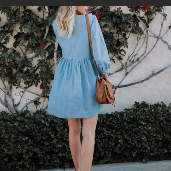 Light Wash Denim Chambray Ruffle Dress - Picture 4 of 6